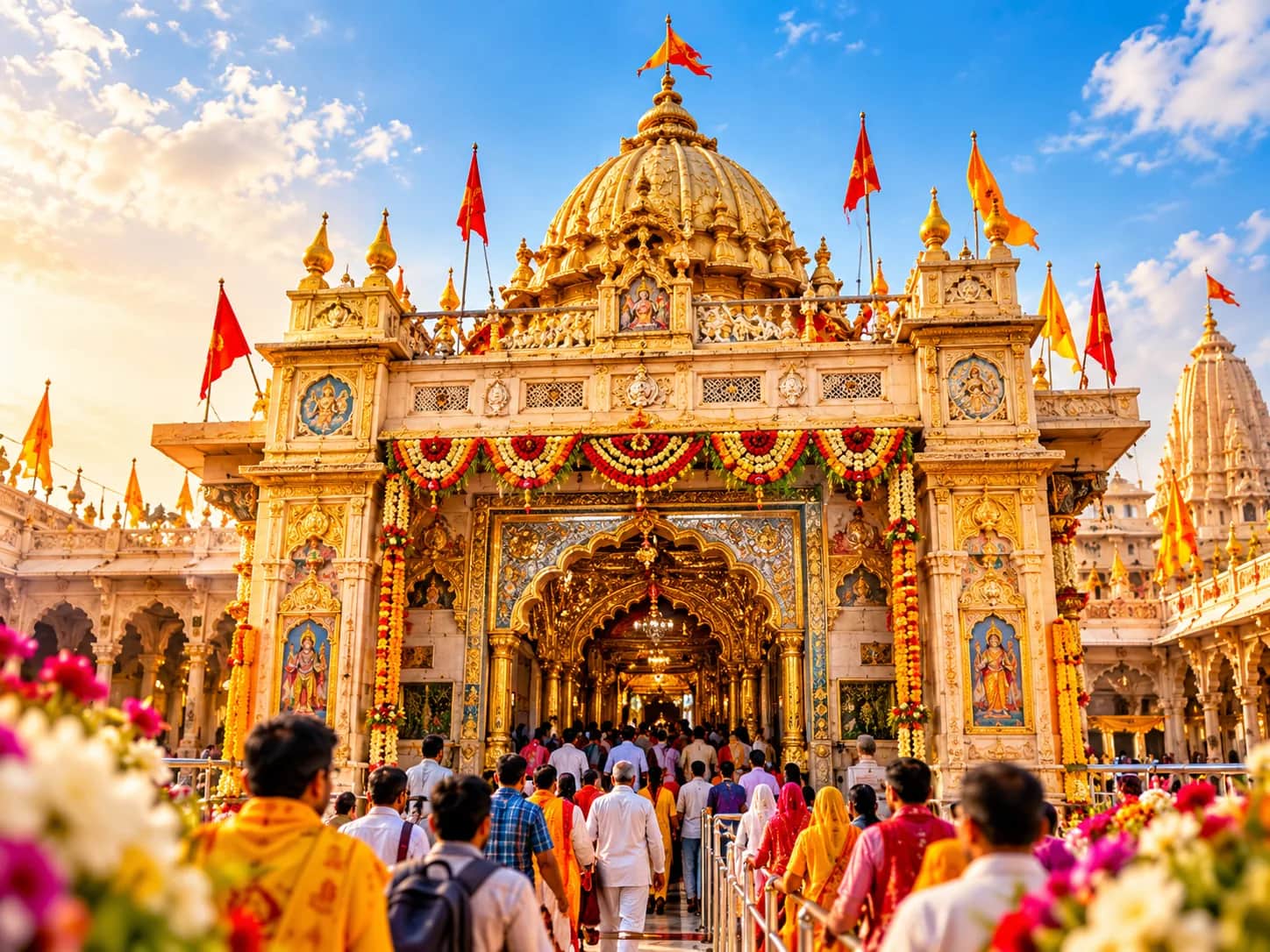 Illustrated Khatu Shyam temple entrance and pilgrims