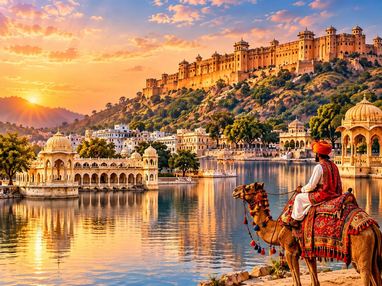 Illustrated Rajasthan palace, lake and camel rider
