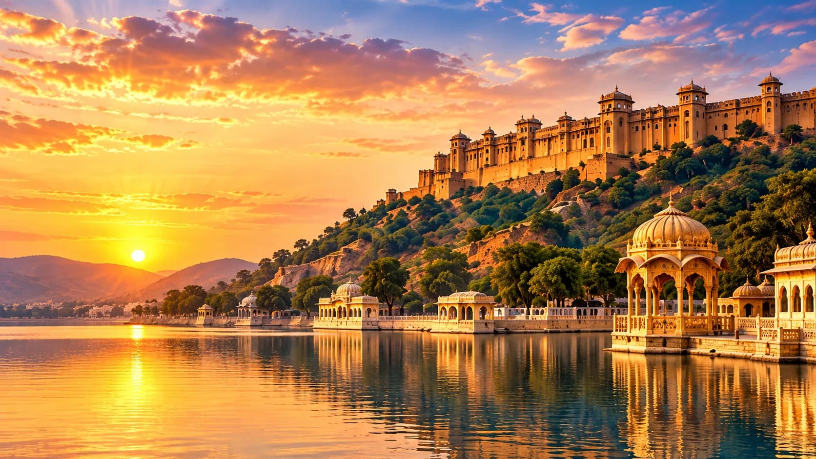Illustrated Rajasthan palace and lakeside landscape